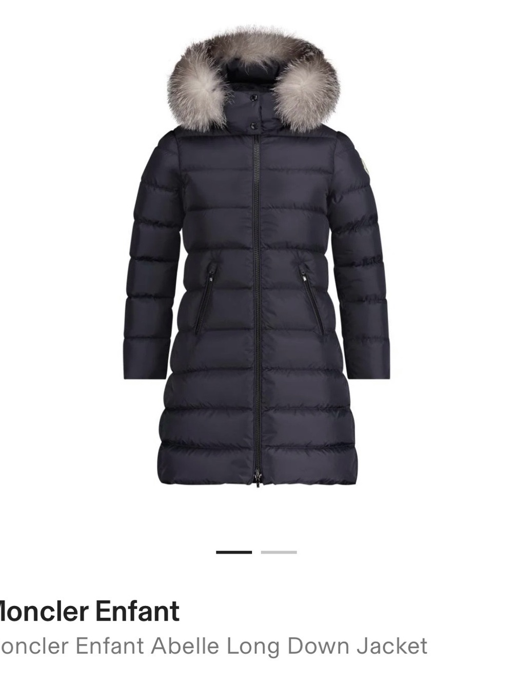 Moncler Girls Long Down Coat in Navy with Fur-Trim Hood (real fur) size 6A